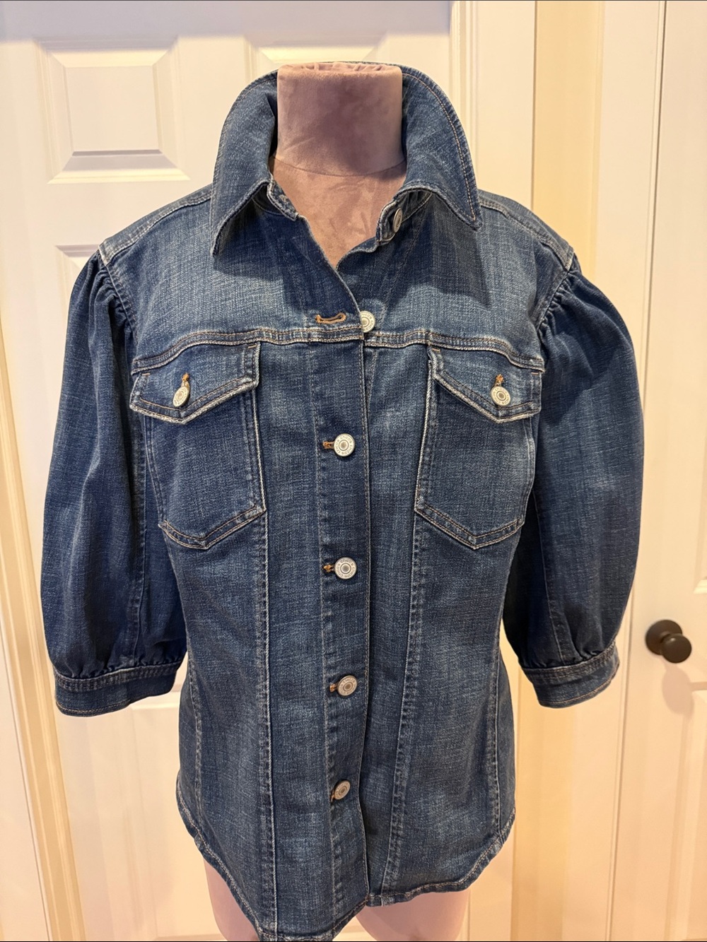 Chico's Dark Blue Puff-Sleeve Denim Shirt Jacket
